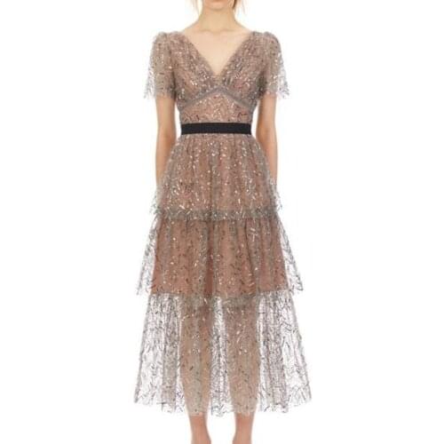 ZAWFL Womens Sequin Dress 2021 High Quality Double V neck Short Sleeve Tunic Layed Mesh Long Luxury Party Dress Female