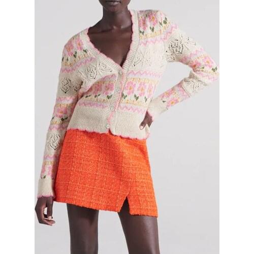 ZA early autumn new sweet temperament V-neck long-sleeved pastoral style flowers hollow jacquard knitted cardigan jacket women