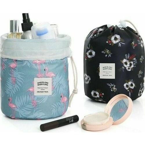 Women Lazy Drawstring Cosmetic Bag Round Travel Makeup Organizer Make Up Case