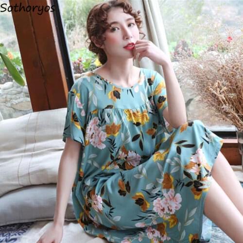 Women Sleepshirts Short Sleeve Nightgowns Sweet Printed Breathable Floral Casual Loose Plus Size 4XL Chic Trendy Soft O-Neck New