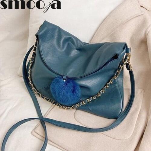 SMOOZA Women Shoulder Bag Luxury Solid Color Pu Leather Tote Handbag With Hairball Female Large Capacity Crossbody Messenger Bag