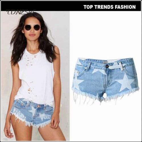 Casual Sky Blue Star Print Ripped Denim Shorts Women Summer Slim Low Waist Mini Jeans Washed Shorts Spodenki Damskie Jeansowe