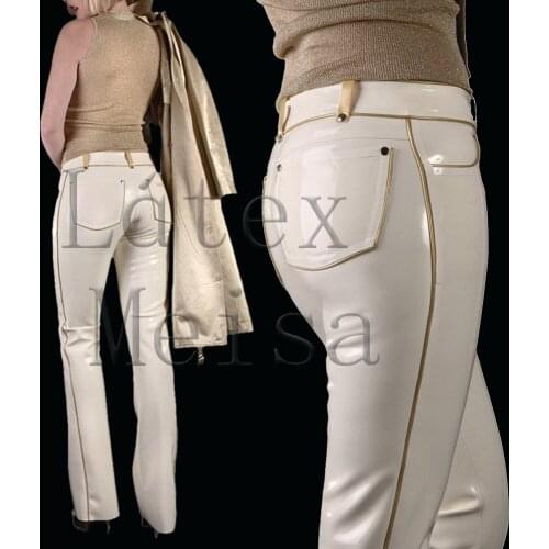 Women' sexy latex straight pants made from 100% natural latex materials and decoration with gold trims in white color