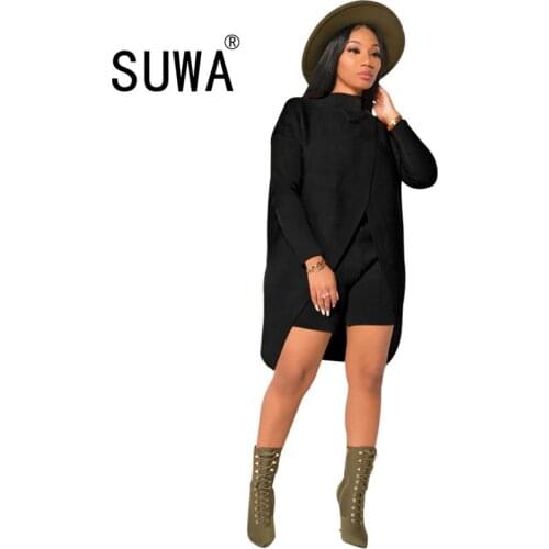 Wholesale 2020 Winter Women Casual Solid Knitted Two Piece Sets Ladys Turtleneck Full Sleeve Sweater + High Waist Skinny Shorts