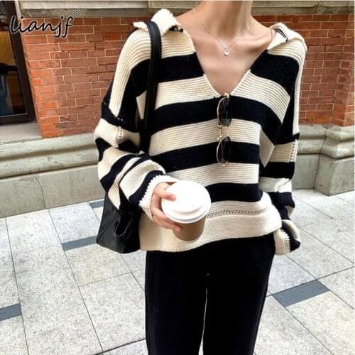 Korean Fashion Black White Striped V-neck Sweater Lazy Style Oversized Solid New Sexy Jumper Y2k Knitted Long Sleeve Top Sweater