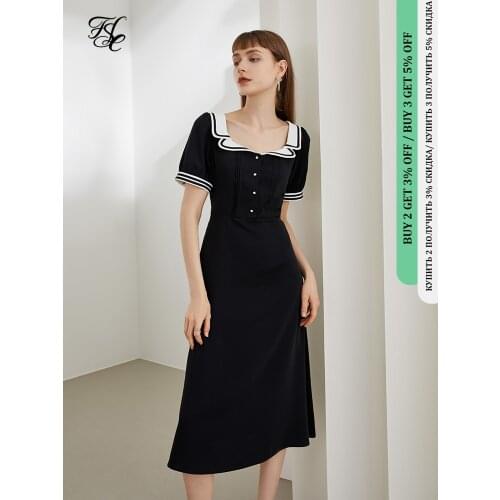 FANSILANEN Office Lady Navy Collar Retro Square Collar Black Dress Summer 2021 Hepburn Black Dress French High Waist Long Dress