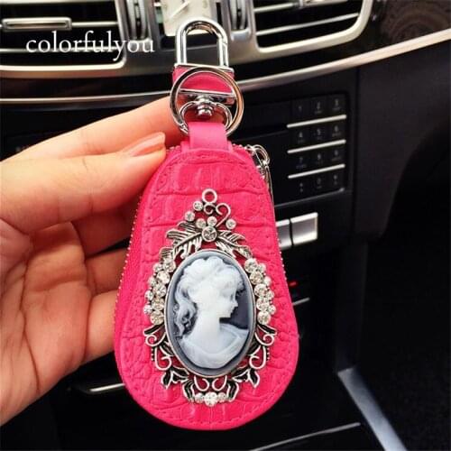 3D Princess Portrait Women Car Key Bag Crocodile Pattern PU Leather Car Keychain Bag Vintage Style Car key Purse Pink Purple