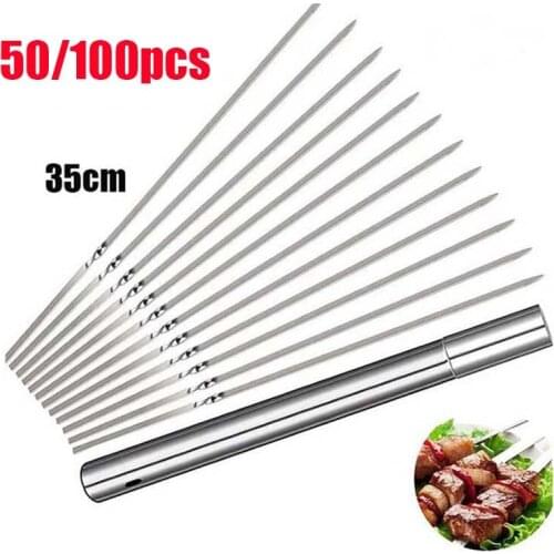 50/100PCS Stainless Steel Barbecue Skewers Tube Reusable BBQ Skewer Needle Sticks for Shish kabob Grill Kitchen Accessories