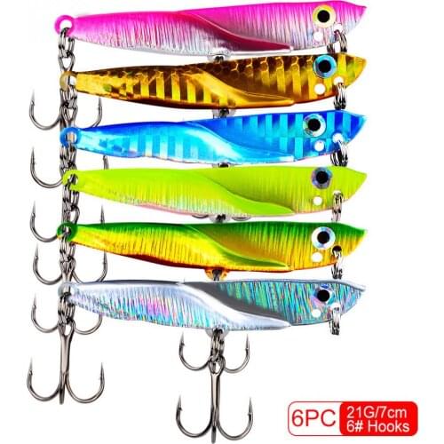 6pcs/lot 7cm Metal VIB Lure 21g Long Shot Sink Iron Fishing Lead Bait with 6# Hooks