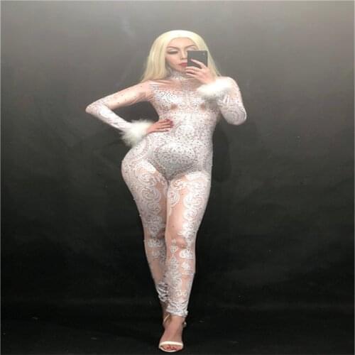 F34 White lace Crystals female costumes leotard Stretch Jumpsuit Party Prom stage wears bodysuit dj dress outfit singer clothe