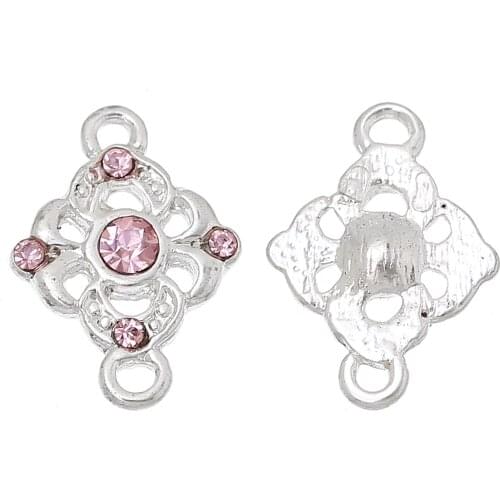 DoreenBeads Zinc alloy Connectors Findings Flower Silver color Hollow Light Pink Rhinestone 18mm(6/8")x 13mm(4/8"),2 Pieces