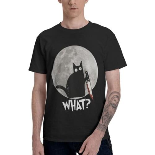 What Cat Full Moon T Shirt Men Short Sleeve Cotton T-shirts Funny Halloween Black Murderous Cat With Knife Tee Fashion Tshirt