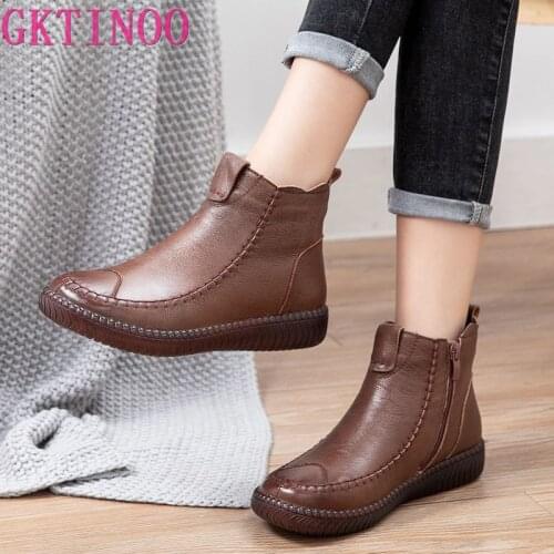 GKTINOO 2020 Women Snow Boots Vintage Genuine Leather Fur Winter Warm Ankle Boots For Women Flat Mother Shoes