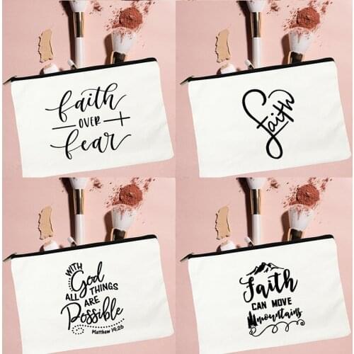 God Faith Christian Printed Canvas Cosmetic Bag Women Travel Storage Pouch Toiletries Organizer Portable MakeUp Case Pencil Bags