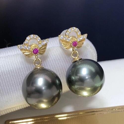 Fine Jewelry Pure 18 K Yellow Gold 10mm Natural 9-10mm Green Round Pearl Earrings for Women Fine Pearl Earrings