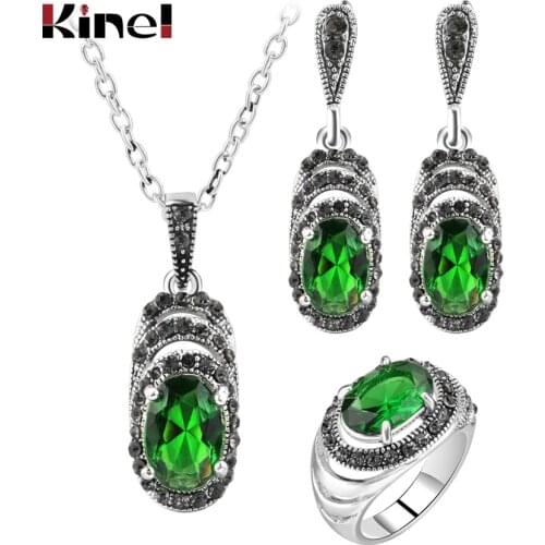 Kinel Womens Fashion Retro Jewelry Sets Antique Silver Color Mosaic Green Zircon Pendant Necklace And Earring Ring Jewelry Set