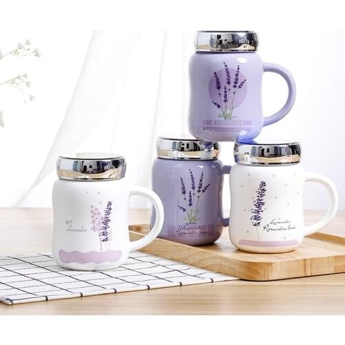 Lavender Cartoon Ceramic Water Mug with Cover,Mirror Seal Leakproof Mug Fashion Cup Milk Juice cup Home Office Drinkware 500ml