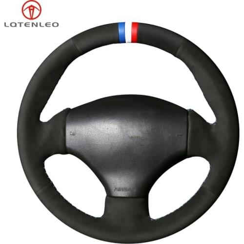 LQTENLEO Black Suede Hand Sewing Car Steering Wheel Cover For Peugeot 206 1998-2005 206 SW 2003 2004 2005 206 CC 2004 2005