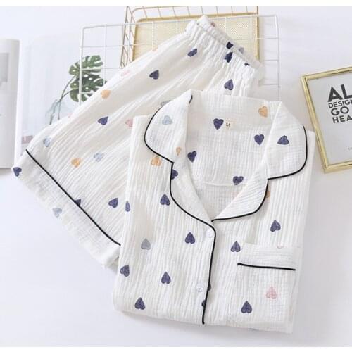 Japanese Summer New Ladies Cotton Gauze Short Sleeve Shorts Pajamas Suit Cute Heart-Shaped Thin Section Home Service Suit Woman
