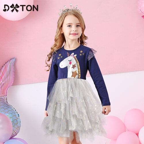 DXTON Unicorn Girls Dress Irregular Kids Dress Birthday Party Costumes Flying Sleeve Princess Dress Christmas Children Clothing