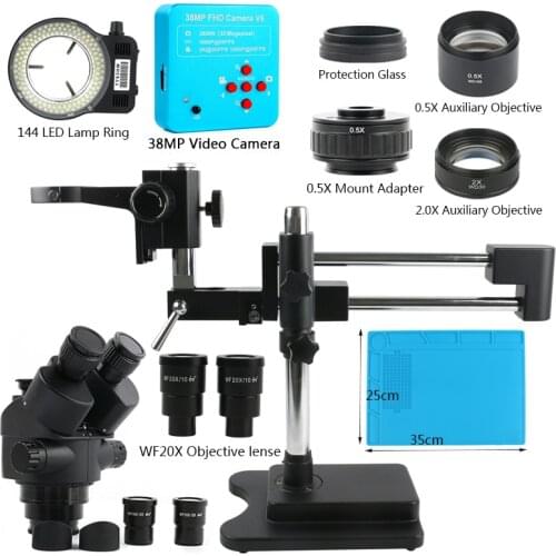 3.5X 7X 45X 90X Industrial Simul Focal Trinocular Stereo Microscope+PCB Repair 38MP USB HDMI Camera Microscope+Double Boom Stand