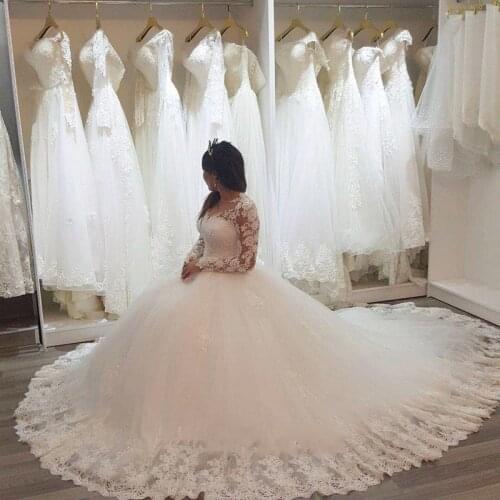 Luxury Beading Wedding dresses Ball Gown Lace Sweetheart Long Sleeves Appliques Lace Lace Up Custom Made Bridal Gown