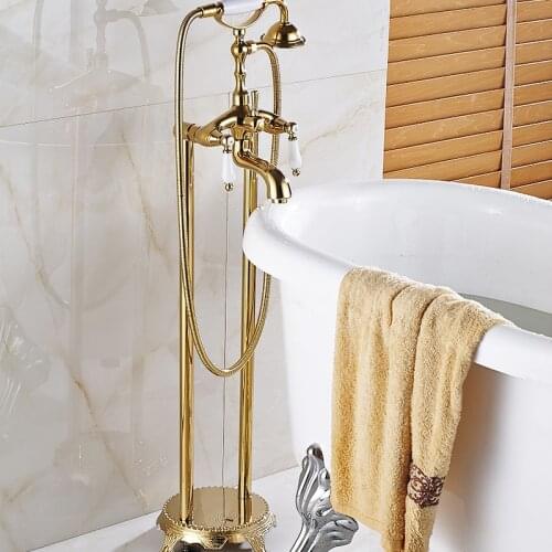 Vidric Luxury Golden Bathroom Free Floor Stand Faucet Telephone Type Dual Long Handle Mixer Bath Shower Shower Set Luxury Bathtu