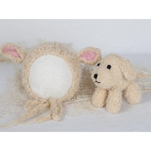Cute Handmade Dog Hat Knit Stuffed Dog Toy Newbron Animal Doggy Bonnet Photo Props Crochet Animal Hat Baby Girl Bonnet Props
