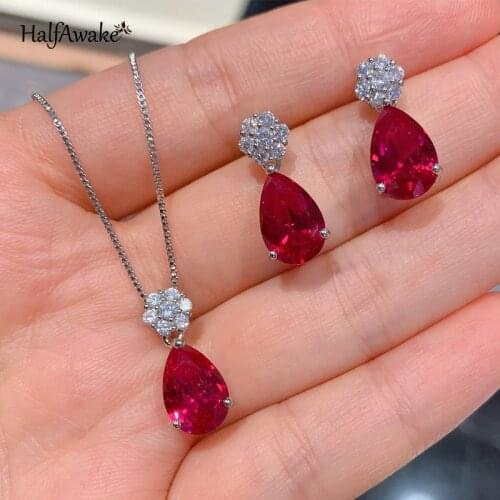 Red Corundum Ruby Jewelry Sets Zircon Dainty Necklace Chain With Stone Pendant Drop Earrings For Women Piercing Ear Love Gift