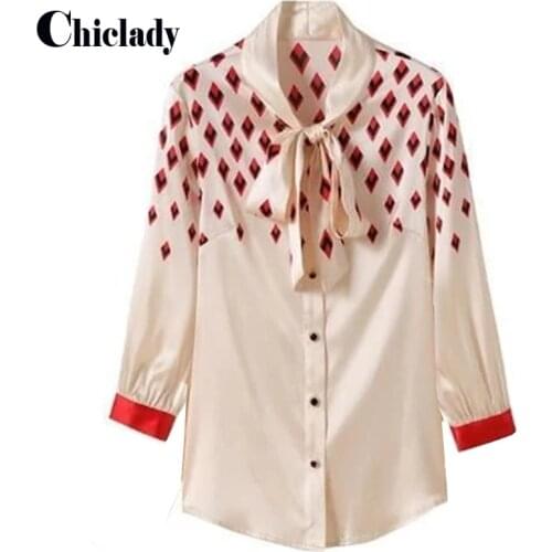 CHICLADY elegant vintage women shirt bow collar cute polka dot red beige spring summer casual lady shirts blouse top fashion za