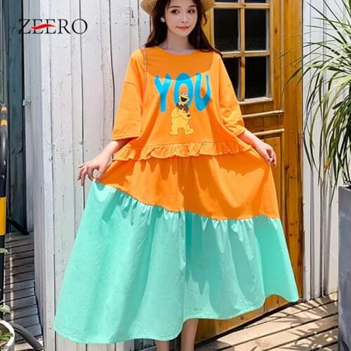 2021Korean Casual Loose Cartoons Print Splicing Color Dresses for Women Summer Raglan Sleeves Ruffle Midi Dress Vestido De Mujer