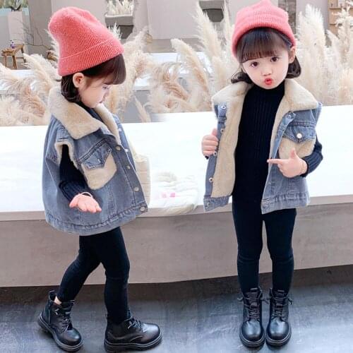 Winter Girls Boys Thick Warm Fleece Waistcoat Baby Kids Cowboy Jacket Children Jeans Denim Vest For 2 3 4 5 6 7 8 Years