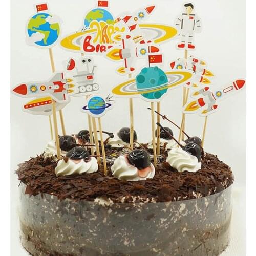 11pcs Rocket Earth Flag Insert Birthday Cake Decorating Card Kids Party Celebration Cupcake Topper With Bamboo Stick Glue Dots