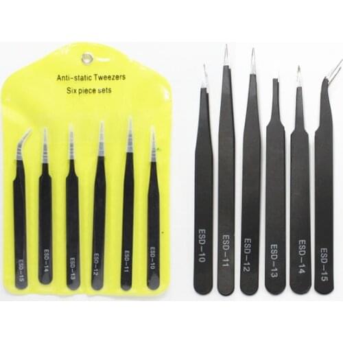 6Pcs Anti-static Precision Tweezers Set ESD Stainless Steel Maintenance Tweezers Precision Curved Straight Tweezers Repair Tools