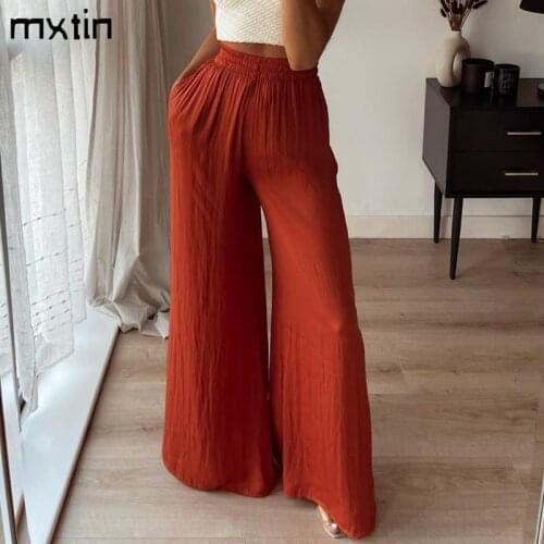 MXTIN 2021 Women Summer Vintage Solid Wide Leg Pants Fashion Elastic Waist Fly Side Pockets Office Lady Female Trousers Mujer