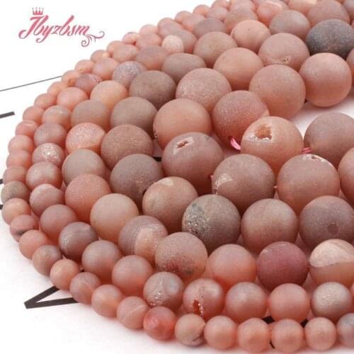 Natural Metallic Coated Druzy Agates Round Pink Loose Spacer Beads 6/8/10/12MM Stone Beads For DIY Necklace Jewelry Making 15"