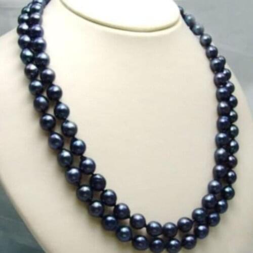 35" AAA 9-10MM SOUTH SEA PERFECT PEACOCK BLACK PEARL NECKLACE 925silver GOLD CLASP
