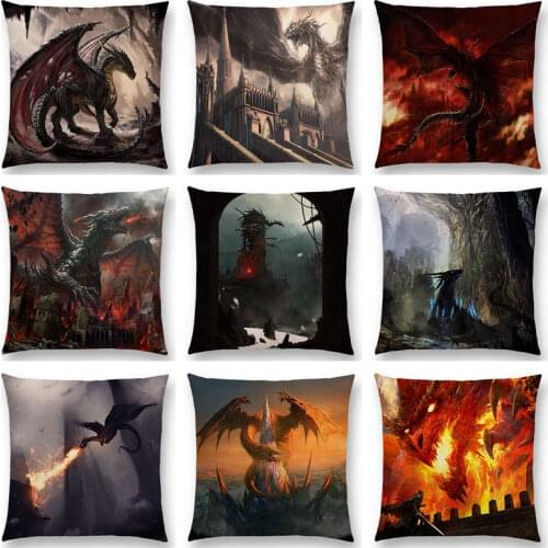 Dragon Destruction Fierce Battle Powerful Warrior War Fire Sky Castle Ruins Magic Sword Knight Cushion Cover Sofa Pillow Case