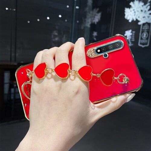 Smooth Heart Bracelet Red Phone Case for Huawei Honor 20 Pro Luxury Plated Gold Case for Honor 20 20Pro Back Cover