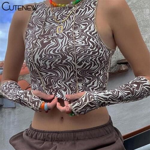 Cutenew Y2K Aesthetic Gloves Printing O-Neck Womens Crop Top Summer Retro Casual Skinny Streetwear Fashion Gothic Lady Tank Top