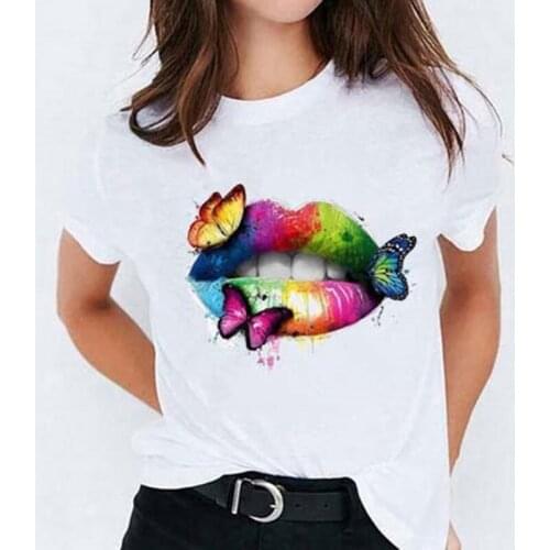 Zipper Red Lip T-Shirt Women Casual Short Sleeve Tshirts Vintage Creativity Harajuku Tops Womens Tee Funy Female T-shirt