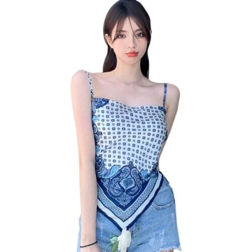 Beautiful Back Irregular Beach Resort Vest With Suspender Womens Retro Ethnic Print Tank Tops