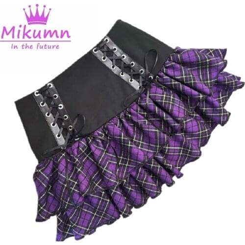 Japanese Harajuku Girls Y2k Fashion High Waist Lace-Up Gothic Lolita Mini Cake Skirt Women Streetwear Sweet Plaid Pleated Skirts