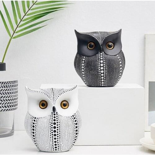 Nordic Style Minimalist Craft White Black Owls Animal Figurines Resin Miniatures Home Decoration Living Room Ornaments Crafts