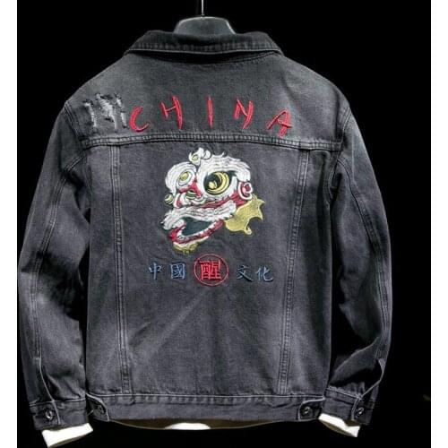 The Latest Chinese Style Embroidered Dragon Head Denim Jacket Retro Trendy Mens Personality Black Short Denim Jacket Coat XL