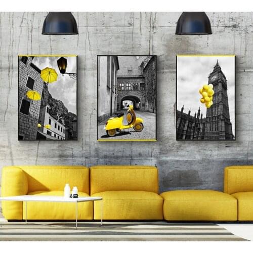 Nordic Landscape Canvas Painting Print Yellow Umbrella Scooter Balloon ball Wall Art Picture Black White Poster Home Decoration