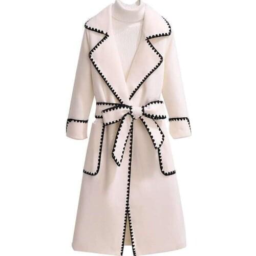 Autumn Winter Jackets Korean Women Lapel Neck Long Woolen Coat Casual Long Sleeve Belted Outwear Loose Solid Windbreaker