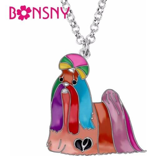 Bonsny Enamel Alloy Cute Chinese Shih Tzu Dog Necklace Pendant Chain Choker Fashion Animal Pets Jewelry For Women Girls Gift