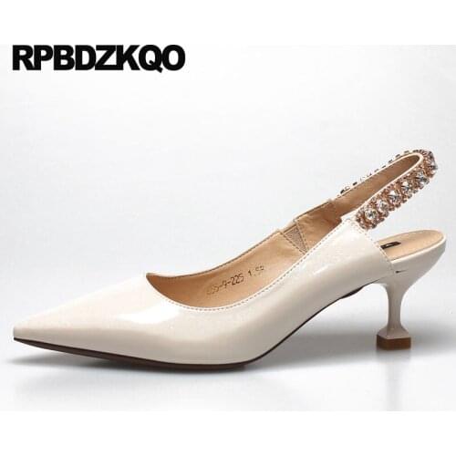 Crystal Strap Green Dress Shoes Women Rhinestone Pointed Scarpin Slingback Patent Leather High Heels Medium Diamond Pumps Beige