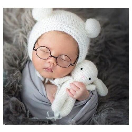 Newborn Photography Props Accessories Bear Hat Cap + Doll Sets Infant Bebe Soft Bonnet Handmade Knitted Beanie Bear Toy